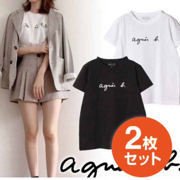 2枚大特価 agnes b レディース Tシャツ ギフトバッグ付き アニエスベー 半袖Tシャツ ホワイト ブラック