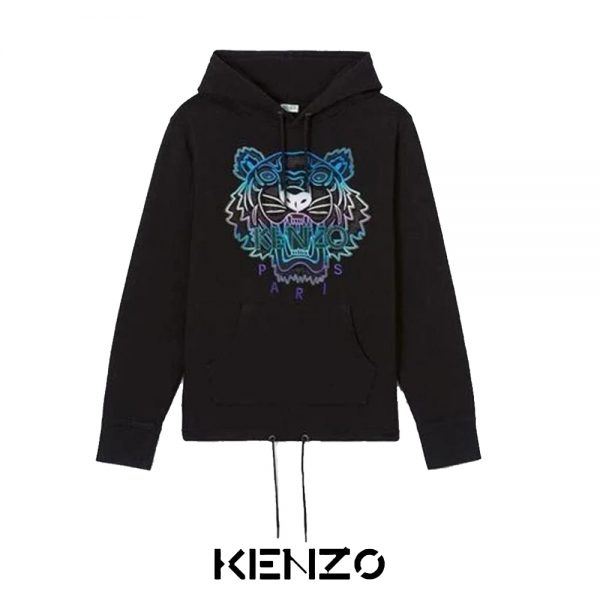 在庫一掃セール 70%OFF Kenzo Tiger Sweatshirt ケンゾー タイガースウェットシャツ 胸にタイガーの刺繍 フード付き 男女兼用 ブラック