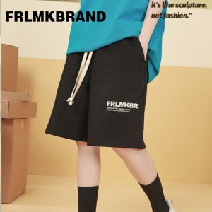 FRLMK-BRAND-パンツ-半ズボン-ロゴ-ジャージ-ペアルック-ストリート-スポーツ-ゆったり感-オーバーサイズ-ヒップホップスタイル-男女兼用-グレー-ブラック-
